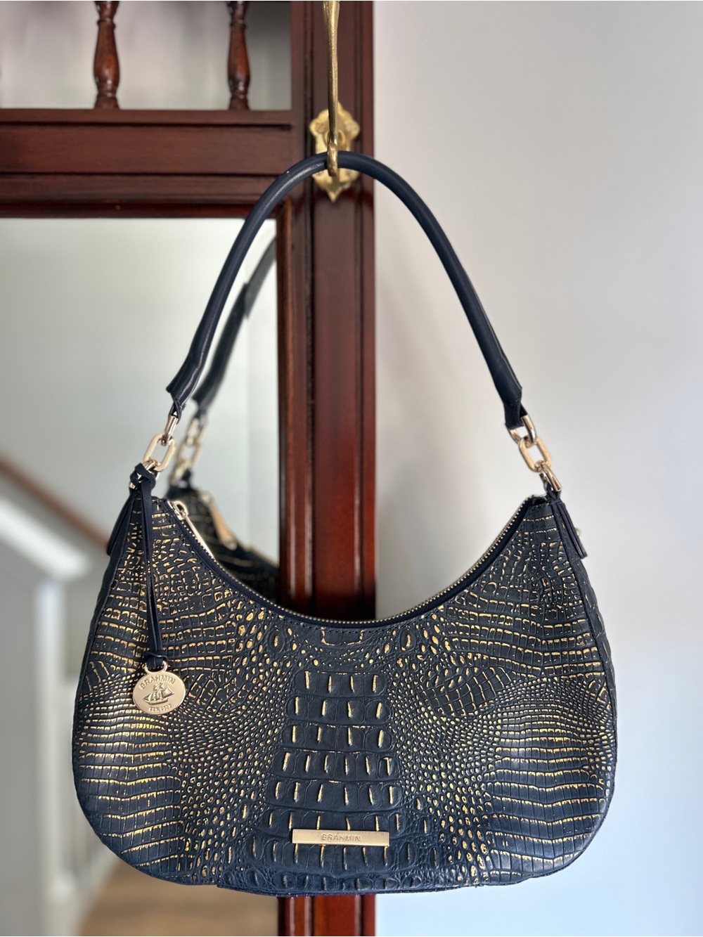 Brahmin Bekka Shoulder Bag Navy and Gold Croc-Embossed Shoulder Bag